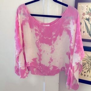 Indah 100% Silk Pink Tie Dye Kimono Sleeve Off the Shoulder Top